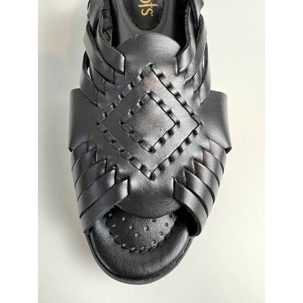Softspots Black‎ Leather Woven Slingback Sandals Womens 8M Comfort Boho Shoes